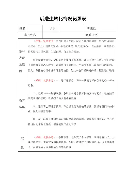 后进生转化情况记录表