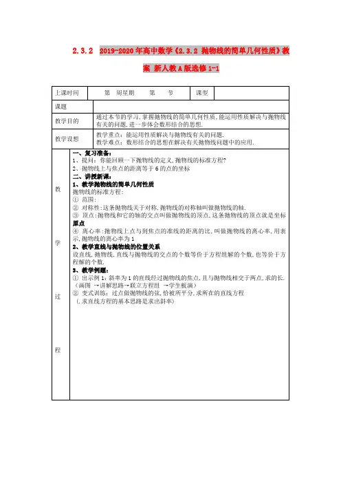 2019-2020年高中数学《2.3.2 抛物线的简单几何性质》教案 新人教A版选修1-1