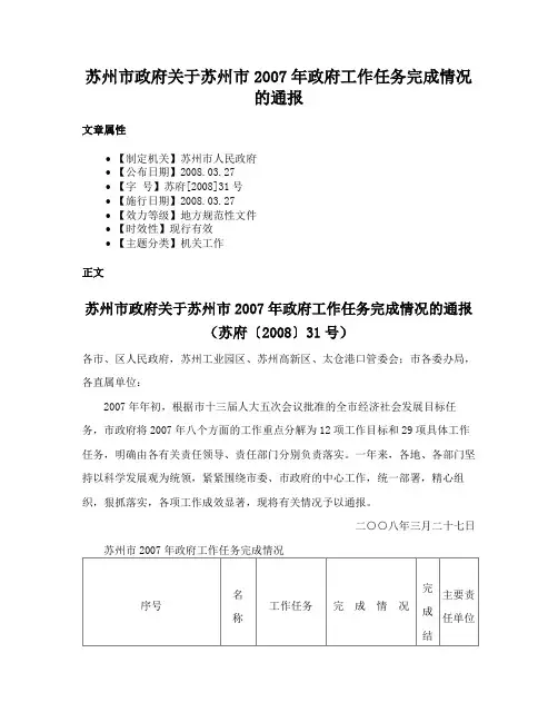 苏州市政府关于苏州市2007年政府工作任务完成情况的通报