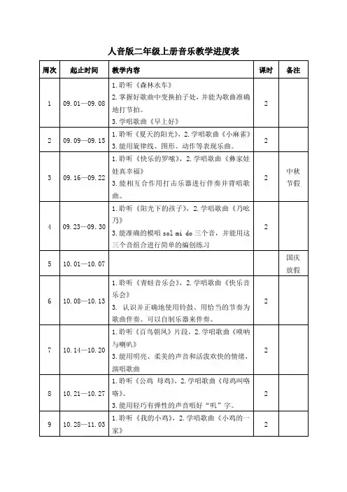 人音版二年级上册音乐教学进度表