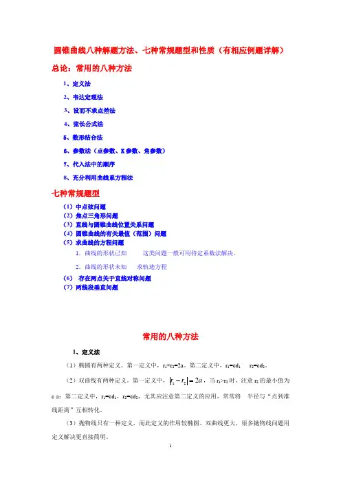 圆锥曲线八种解题方法、七种常规题型和性质