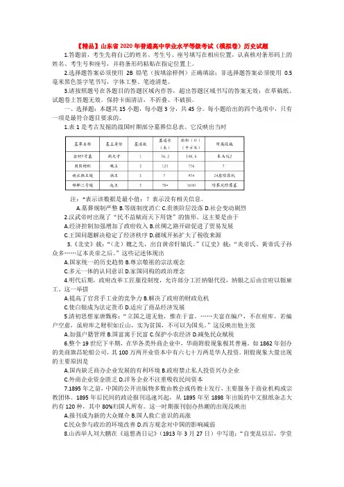 山东省2020年普通高中学业水平等级考试历史试题及答案