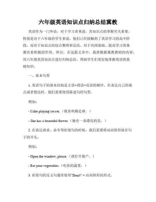 六年级英语知识点归纳总结冀教