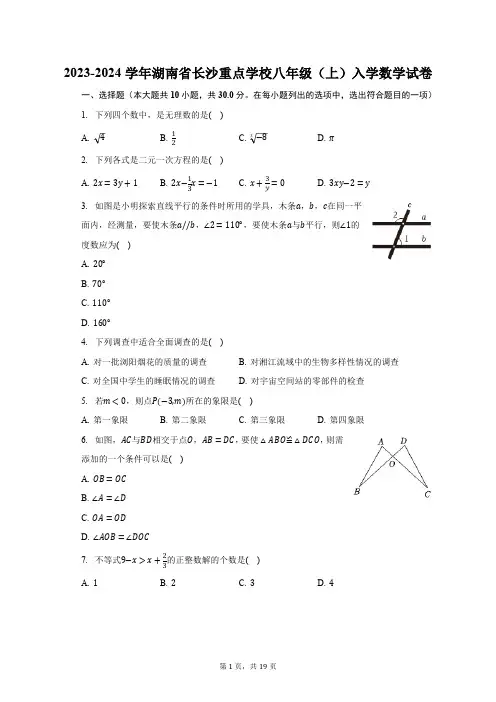 2023-2024学年湖南省长沙重点学校八年级(上)入学数学试卷(含解析)