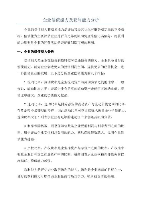 企业偿债能力及获利能力分析