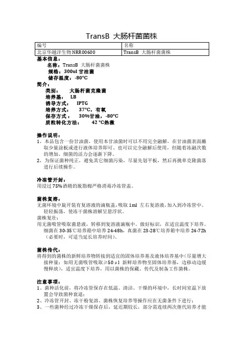 TransB 大肠杆菌菌株使用说明