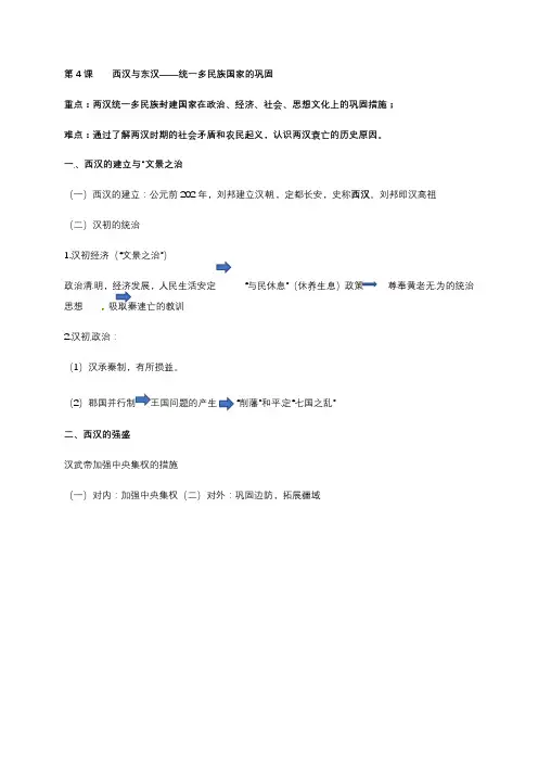 第4课西汉与东汉——统一多民族国家的巩固知识点总结-浙江省台州市书生中学高中历史统编版（2019）必修上