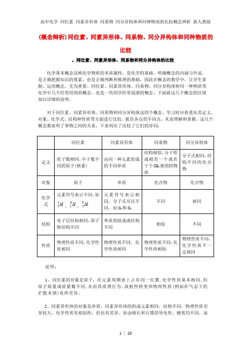高中化学 同位素 同素异形体 同系物 同分异构体和同种物质的比较概念辨析 新人教版