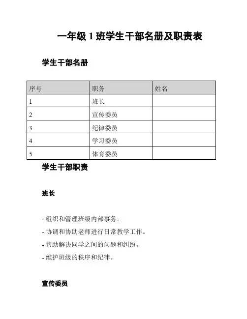 一年级1班学生干部名册及职责表