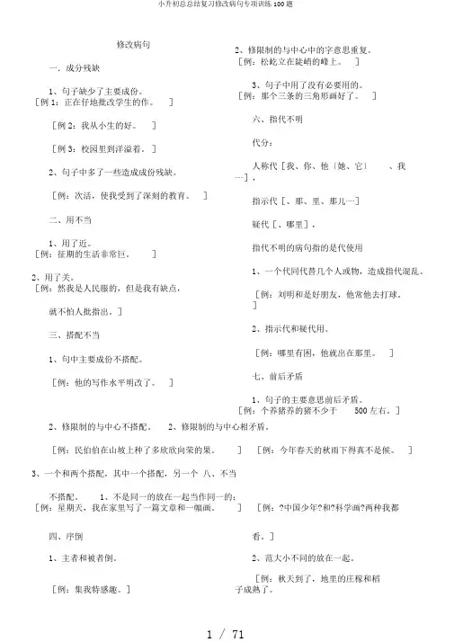 小升初总总结复习修改病句专项训练100题