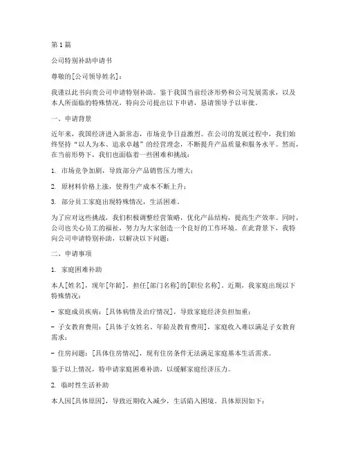公司特别补助申请书模板(3篇)
