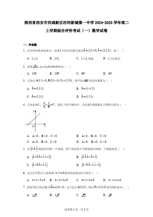 陕西省西安市西咸新区泾河新城第一中学2024-2025学年高二上学期综合评价考试(一)数学试卷