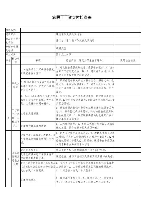 工程建设项目农民工工资支付检查表