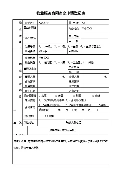 物业服务合同备案申请登记表【模板】