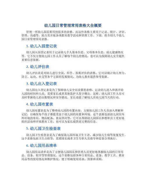 幼儿园日常管理常用表格大全概要