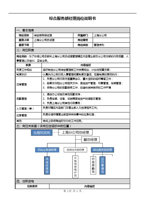 分公司综合服务部经理证券公司岗位说明书
