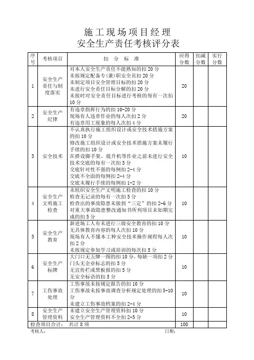 安全生产责任考核评分表