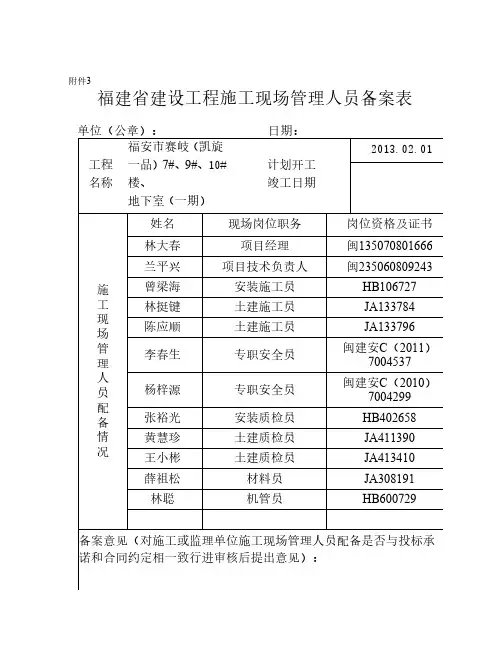 建设工程施工项目现场管理人员备案表