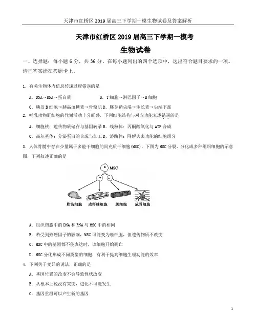 天津市红桥区2019届高三下学期一模生物试卷及答案解析