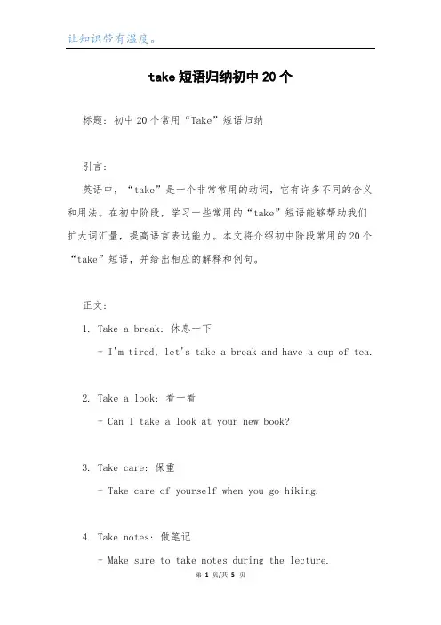 take短语归纳初中20个.docx