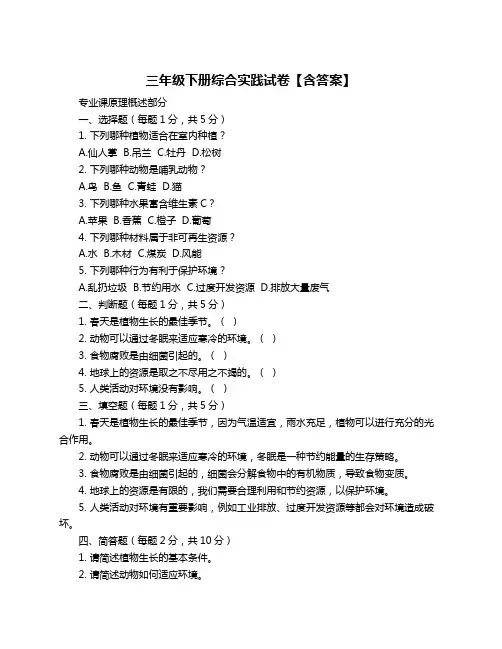 三年级下册综合实践试卷【含答案】