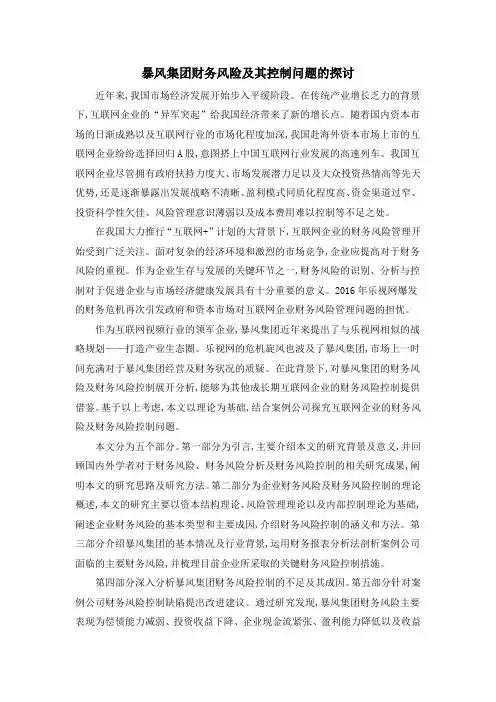 暴风集团财务风险及其控制问题的探讨