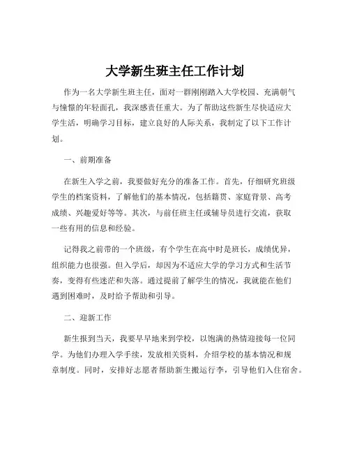 大学新生班主任工作计划