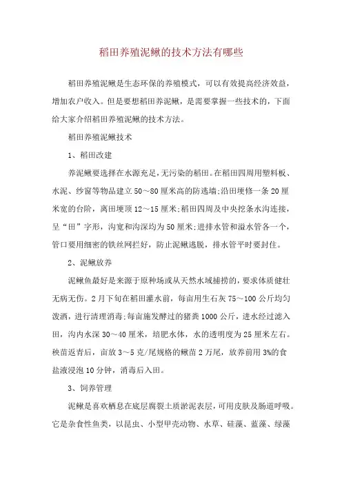 稻田养殖泥鳅的技术方法有哪些