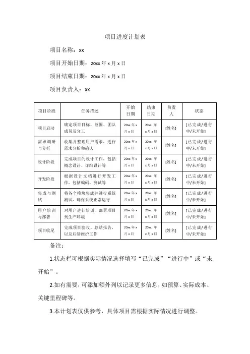 项目进度计划表 excel模板