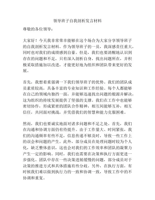 领导班子自我剖析发言材料