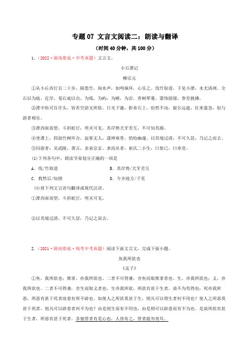 2023年中考语文一轮复习专练07 文言文阅读二：朗读与翻译