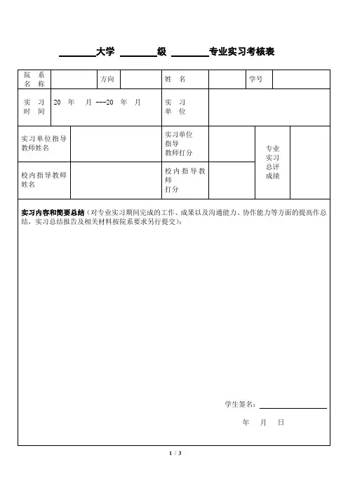 硕士研究生专业实习考核表