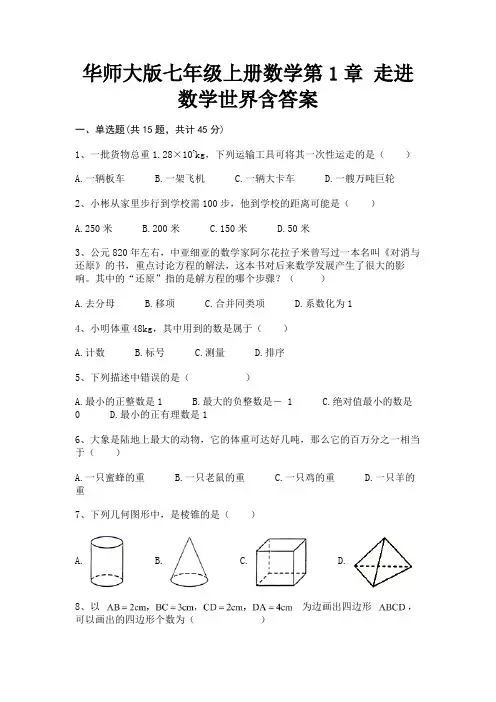 (基础题)华师大版七年级上册数学第1章 走进数学世界含答案