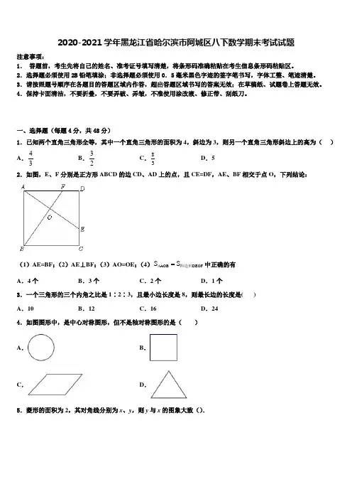 2020-2021学年黑龙江省哈尔滨市阿城区八下数学期末考试试题含解析