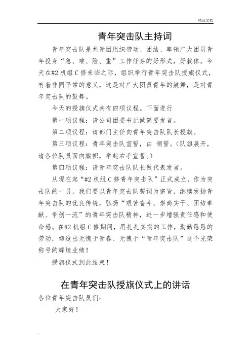 青年突击队授旗仪式议程、领导讲话、代表发言
