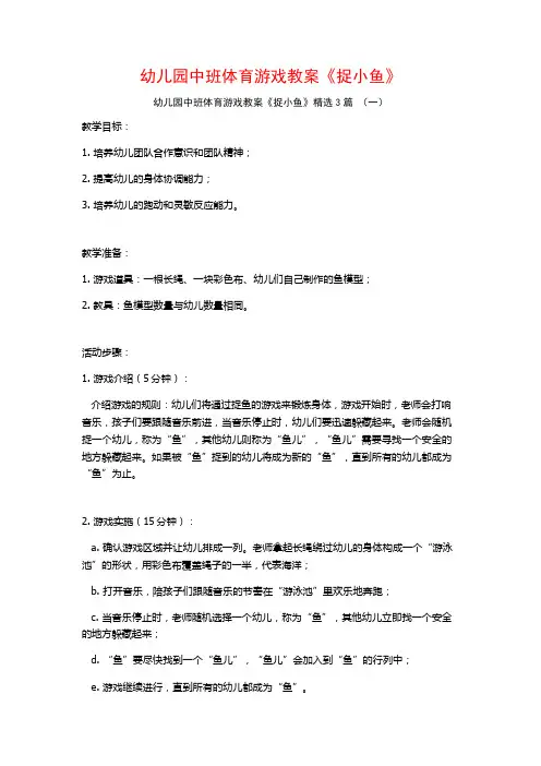 幼儿园中班体育游戏教案《捉小鱼》3篇