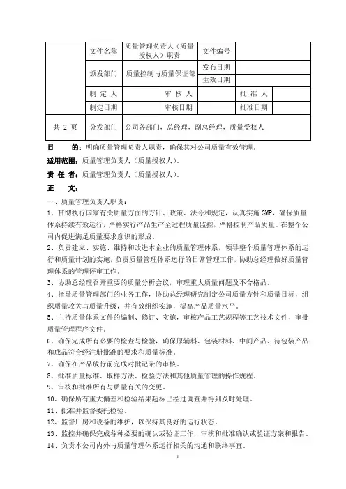 食品公司质量管理负责人(质量授权人)职责