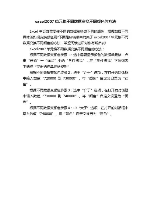 excel2007单元格不同数据变换不同颜色的方法