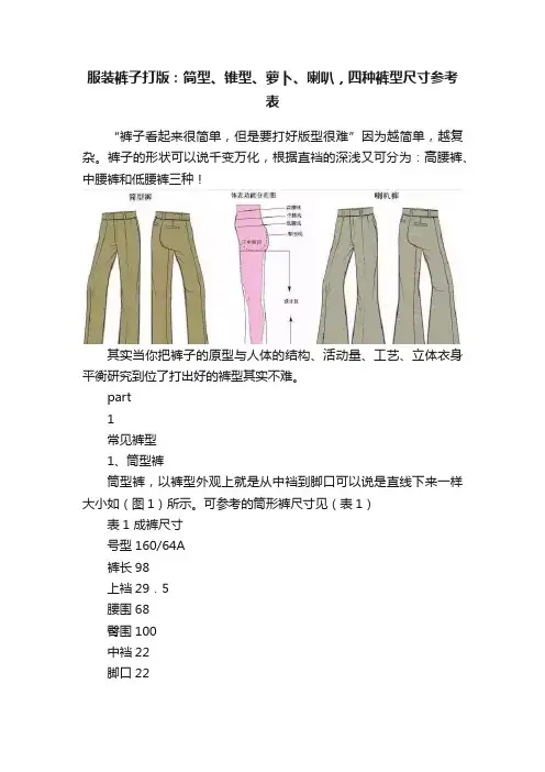 服装裤子打版：筒型、锥型、萝卜、喇叭，四种裤型尺寸参考表