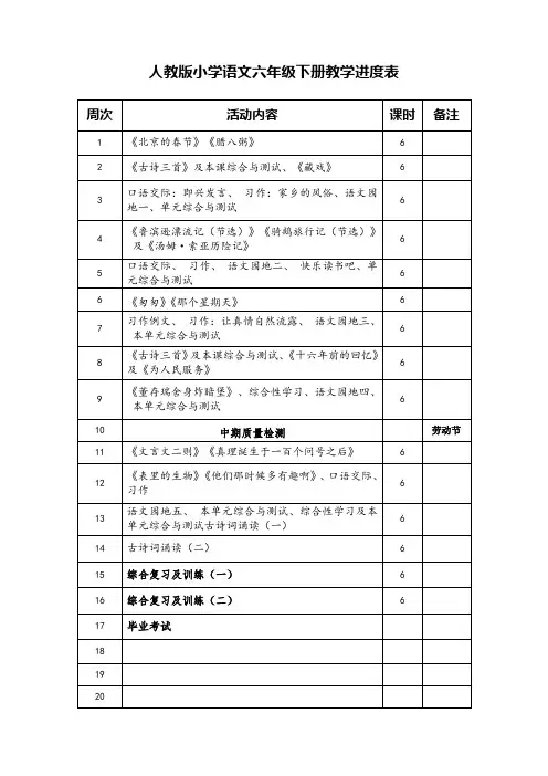 六年级下册语文教学计划及进度表