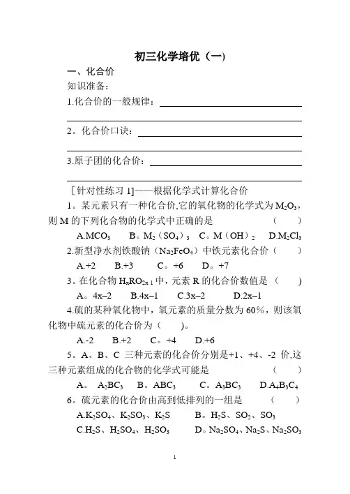 初三化学培优试卷