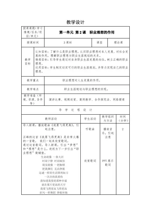 第一单元第2课 职业理想的作用 教学设计