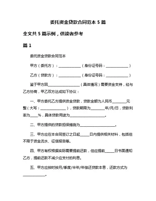 委托资金贷款合同范本5篇