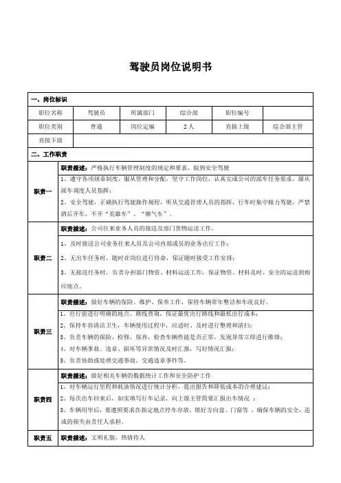 驾驶员岗位职责说明书