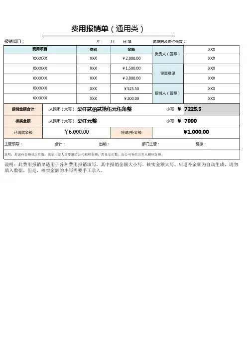 费用报销单(通用,含明细,大写自动)