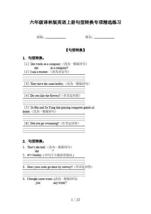 六年级译林版英语上册句型转换专项精选练习