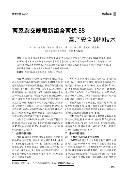 两系杂交晚稻新组合两优88高产安全制种技术