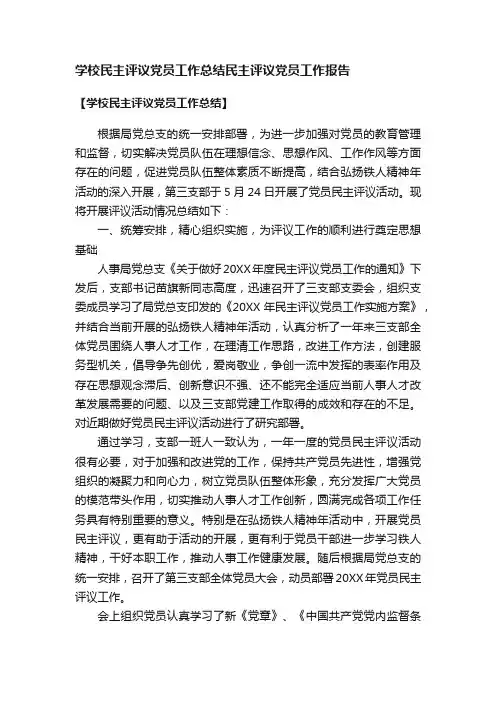 学校民主评议党员工作总结民主评议党员工作报告
