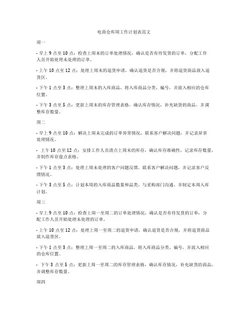 电商仓库周工作计划表范文