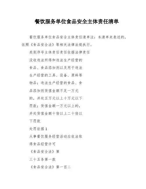 餐饮服务单位食品安全主体责任清单